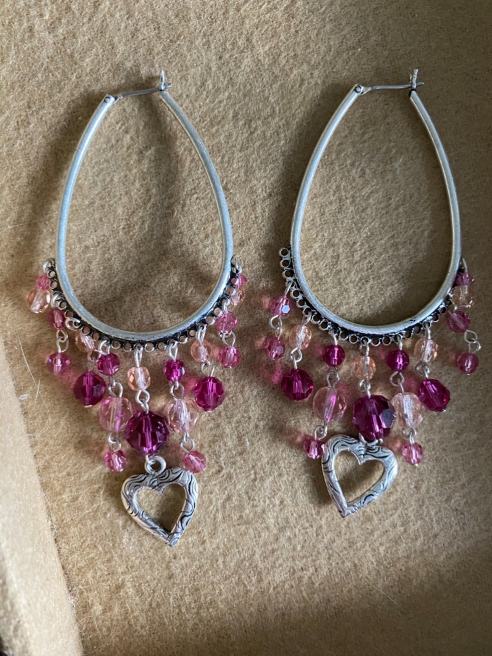Pink Beaded Heart Dangle Hoop Earrings - Silver Tone